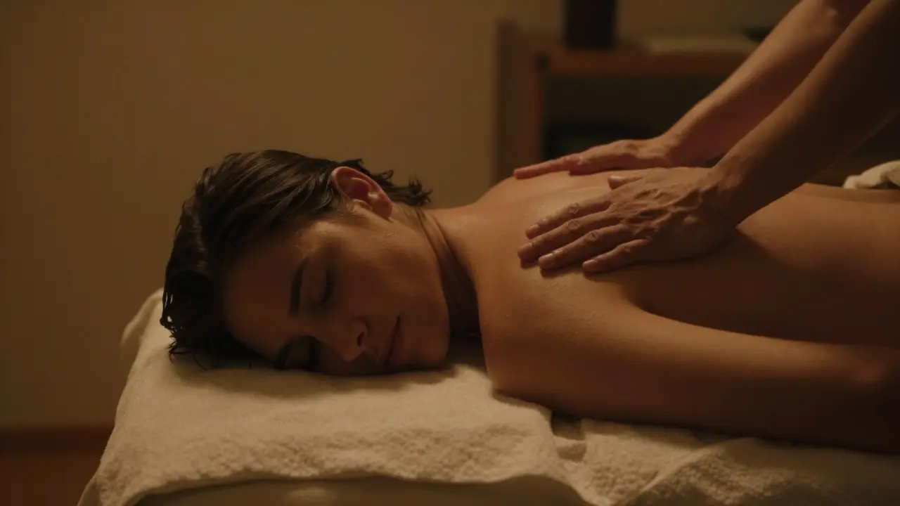 Relaxed athlete on massage table under warm calm lighting