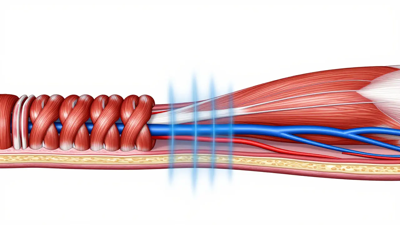 3D illustration comparing tight vs relaxed muscle tissue