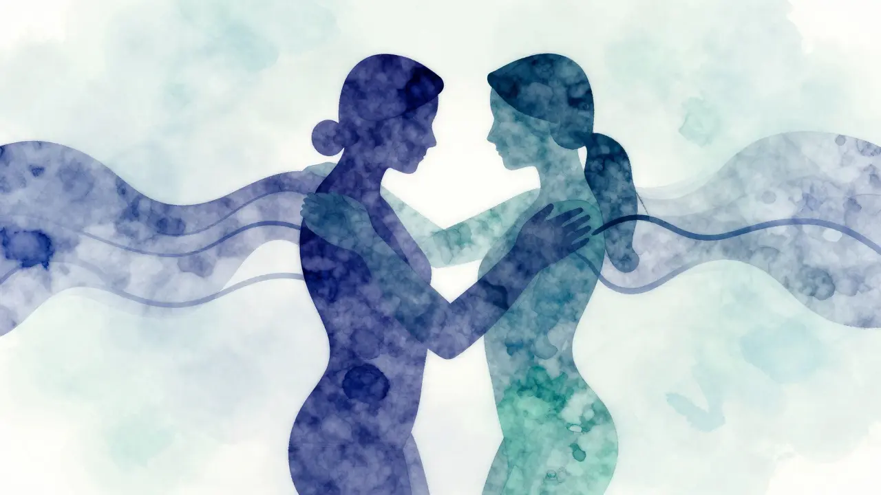 Abstract art showing two figures in rhythmic, energetic embrace