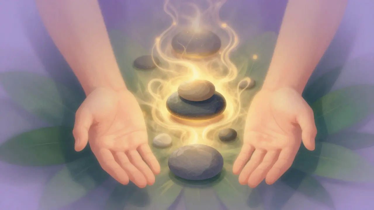 Abstract visualization of healing energy from therapy stones