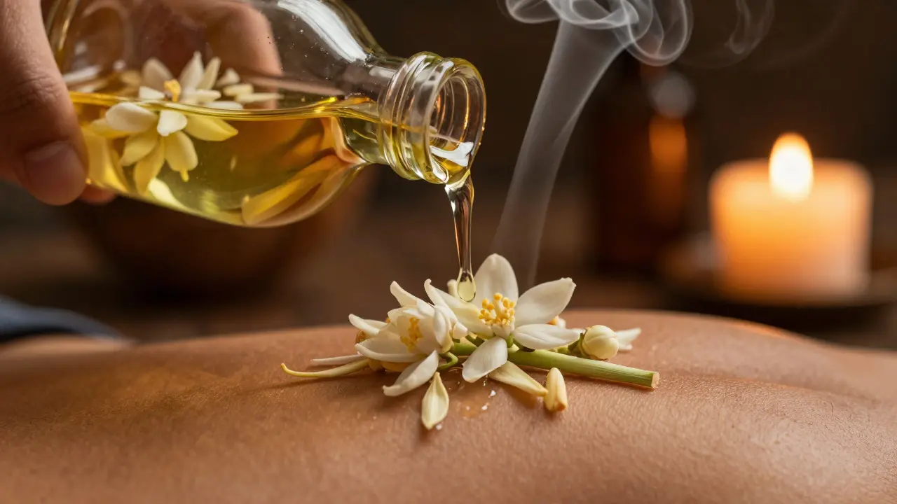 Close-up of aromatic coconut oil with jasmine petals being poured