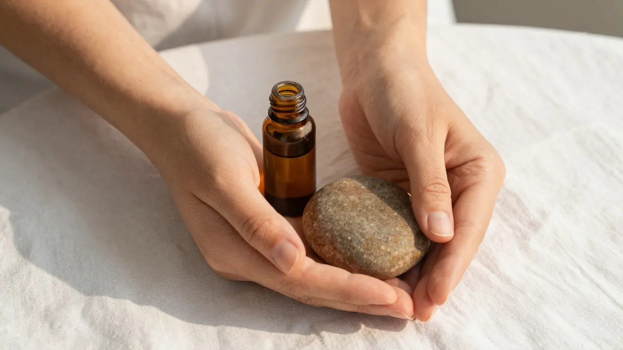 Close up of massage stones and oils on white linen sheets