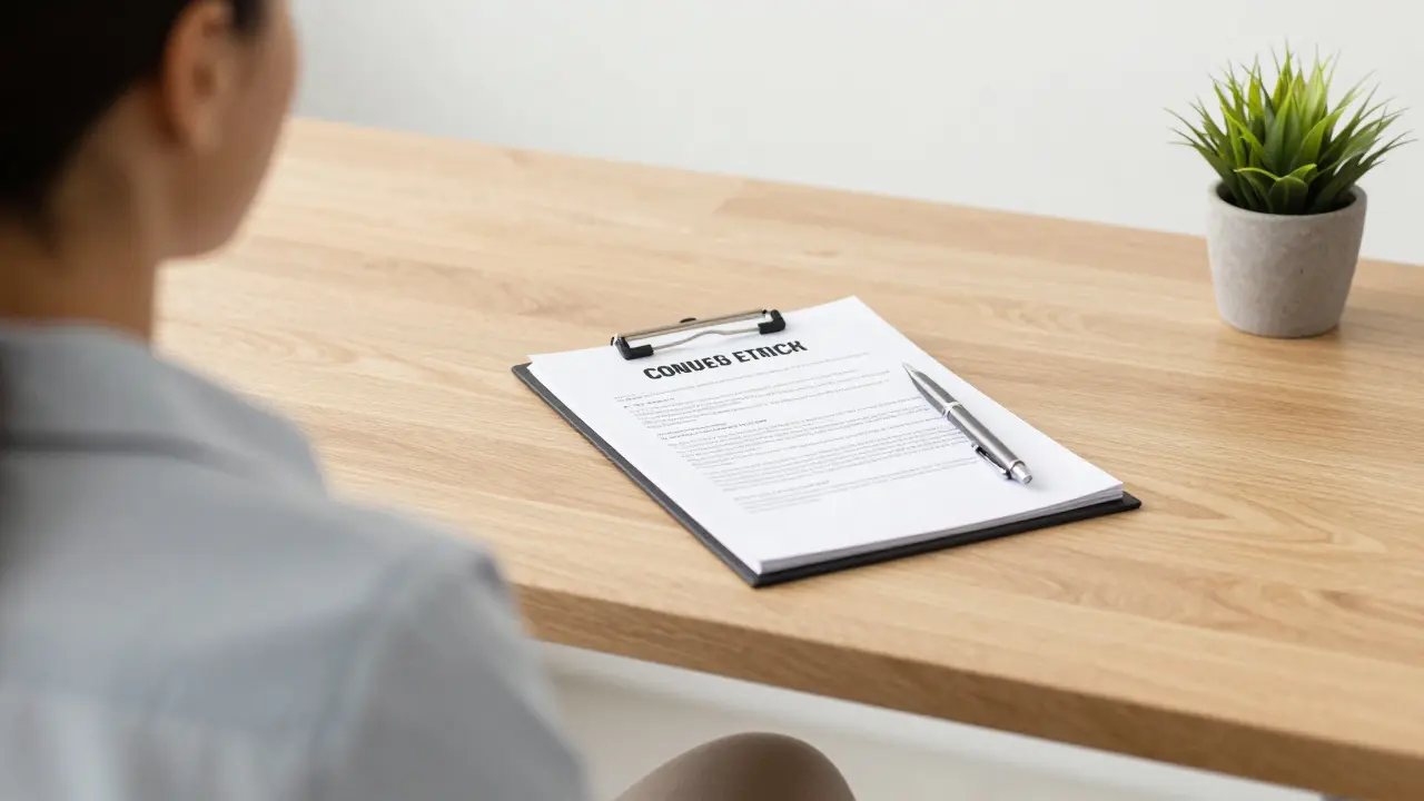 Consultation desk with folder and pen in professional therapy office