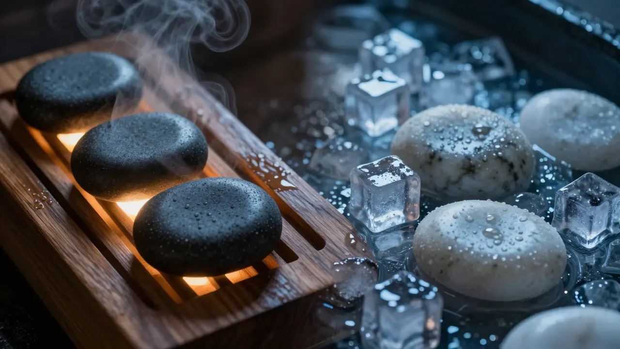 Hot and cold stones displayed side-by-side in a spa setting