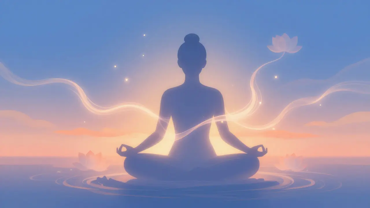 Meditative figure with glowing energy lines symbolizing relaxation