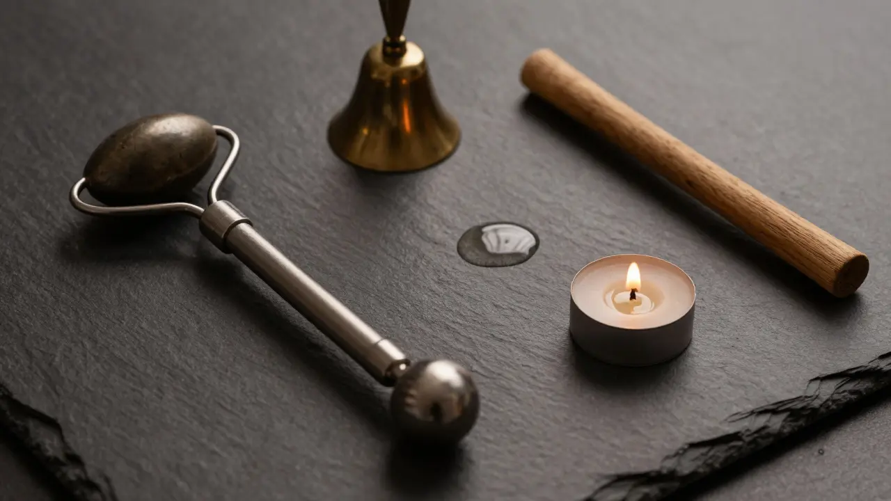 Minimalist arrangement of massage tools like a wand and bell on dark slate.