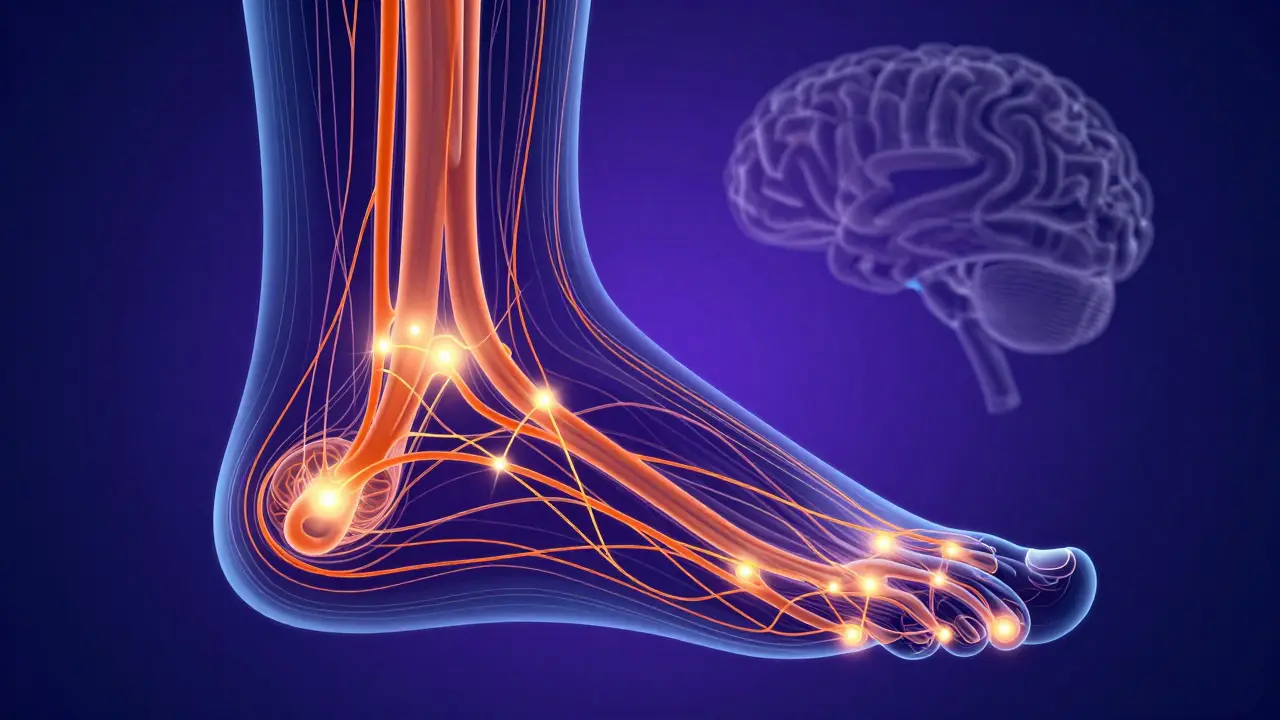 Abstract illustration showing nerve connections and brain activity related to foot sensitivity.