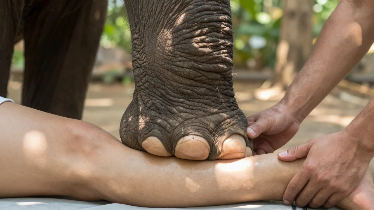 Close-up of elephant foot applying deep tissue pressure during massage