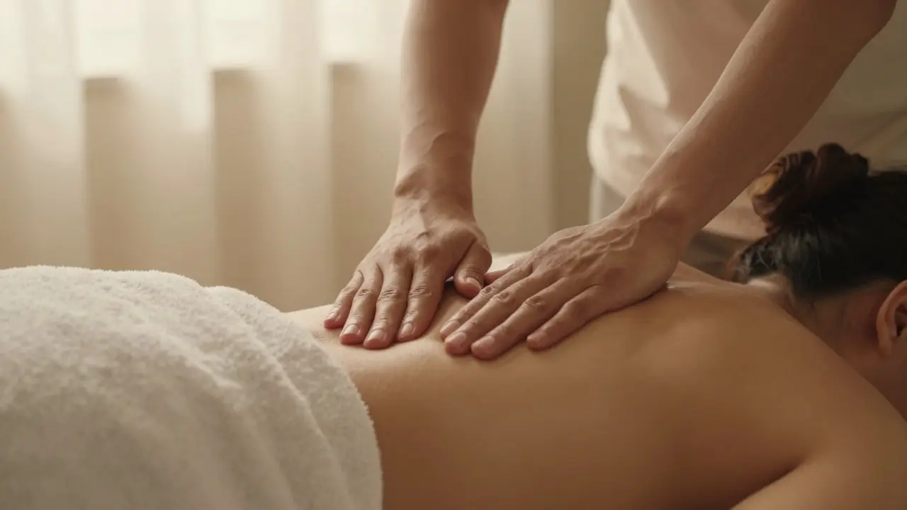 Close-up of hands performing a relaxing massage on a client's back