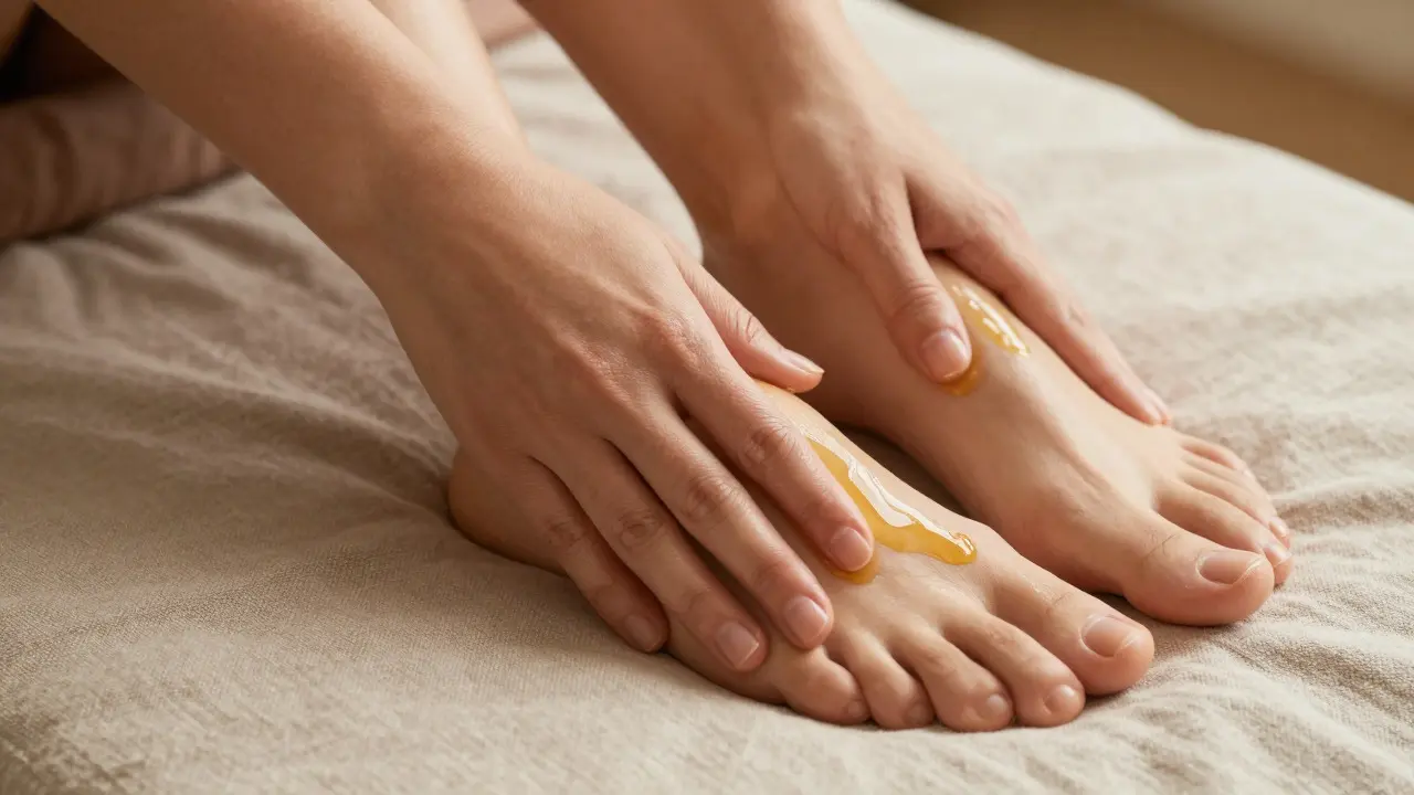 Hands applying warm massage oil to bare feet on soft linen sheets in close-up.