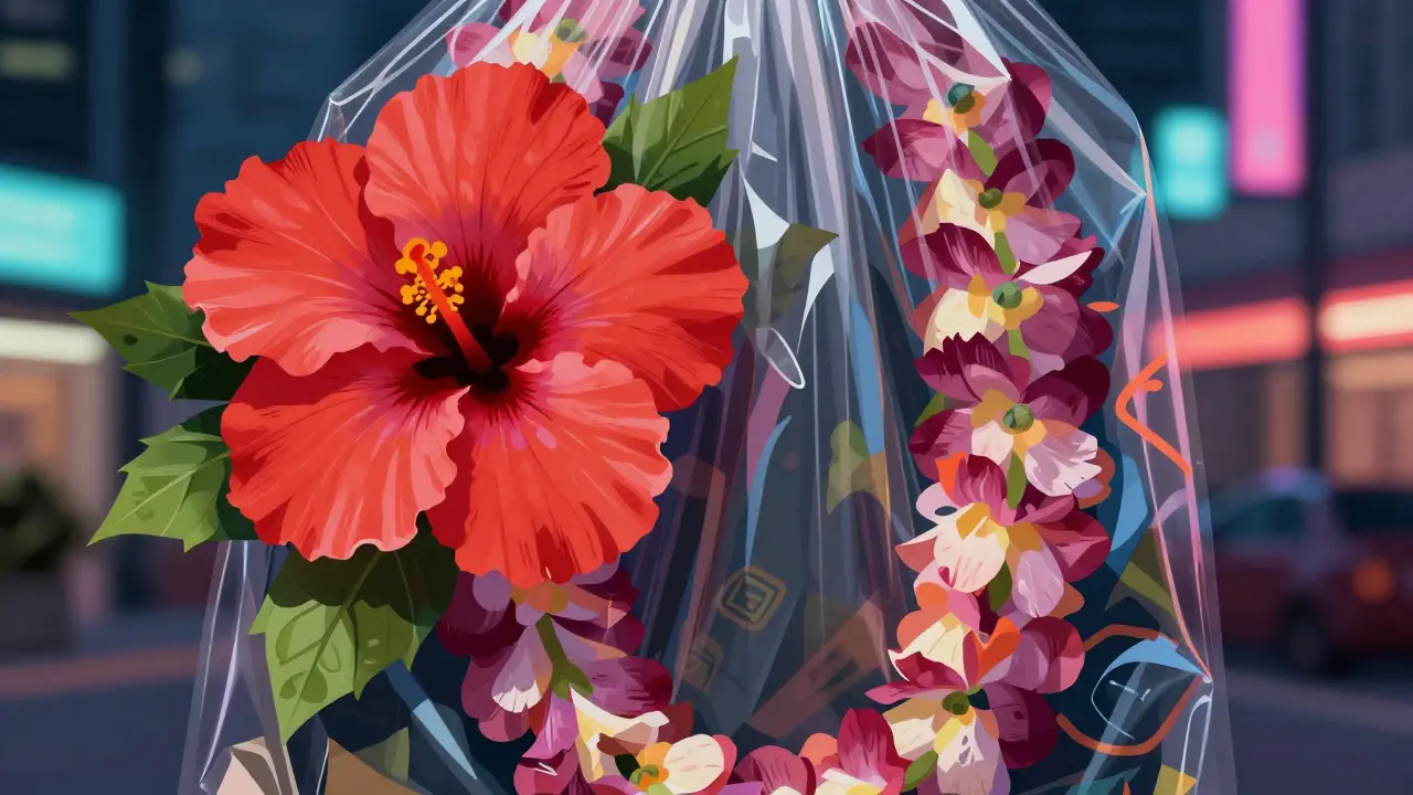 Hibiscus flower wrapped in plastic packaging against a city backdrop