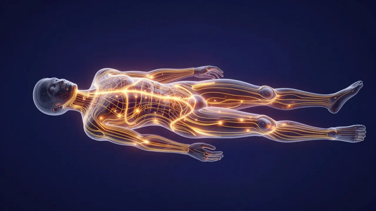 Illustration of glowing golden energy channels flowing through a human silhouette