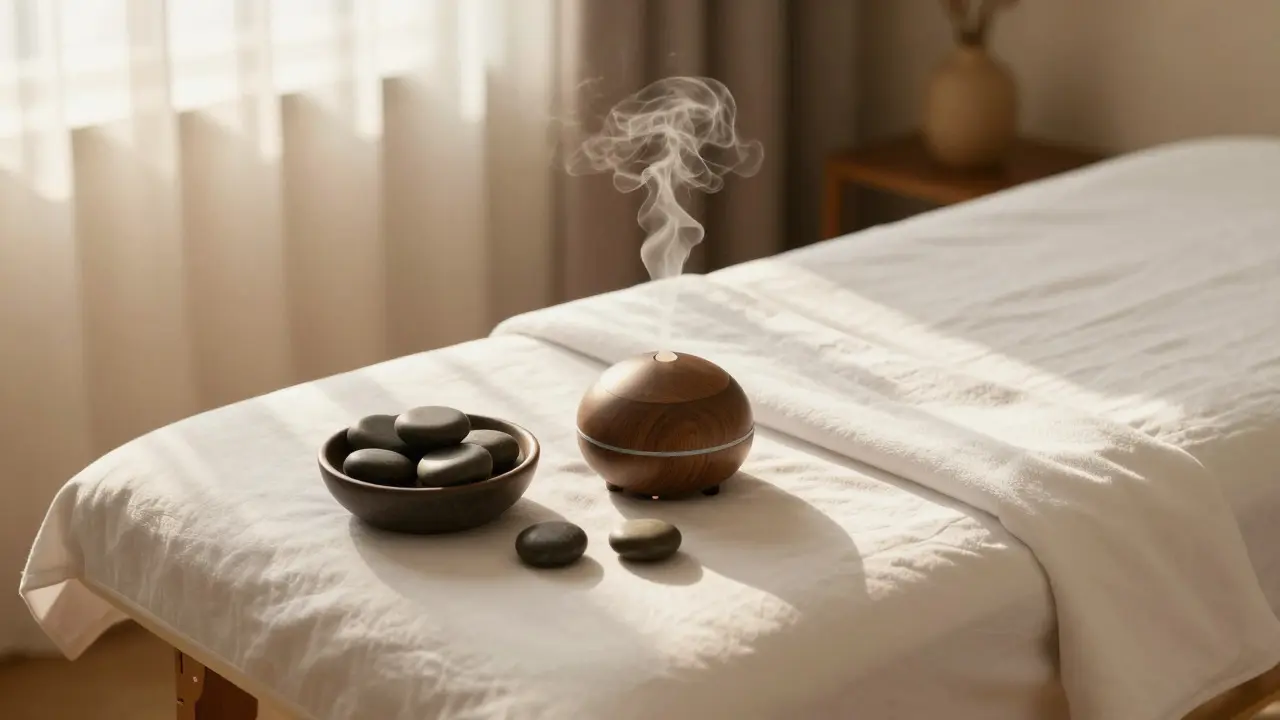 Massage table and aromatherapy diffuser set up in a cozy room