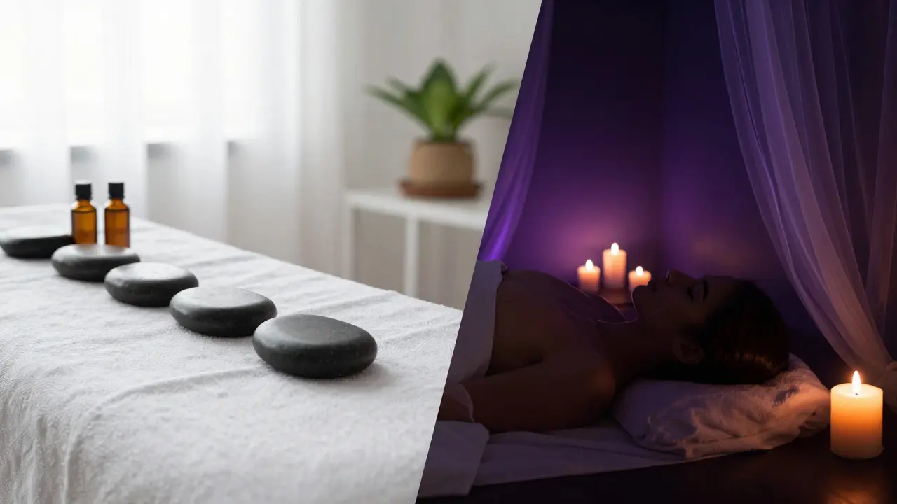 Split view of a bright spa and a dim, intimate wellness sanctuary