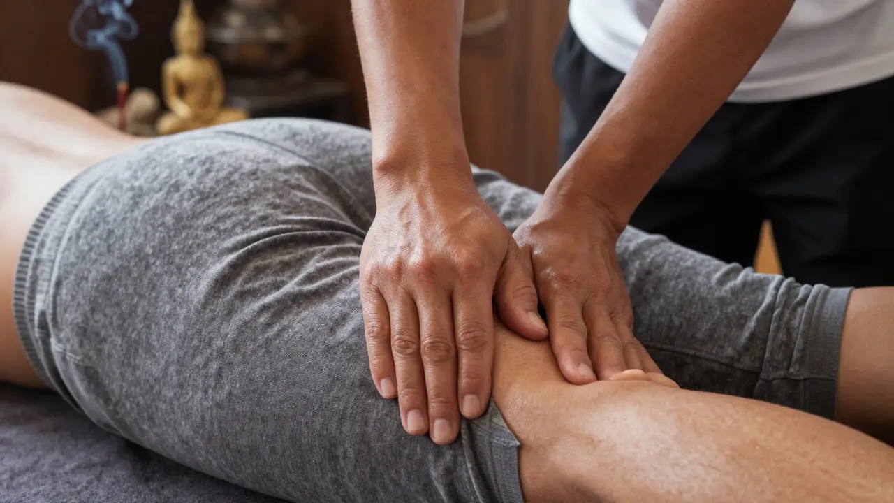 Therapist applying rhythmic palm pressure to client's leg muscles during treatment